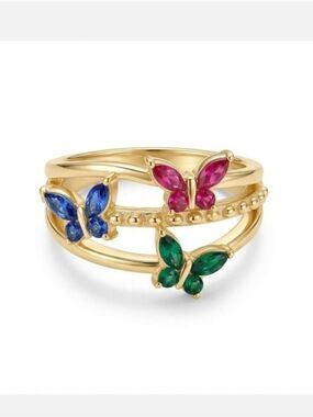 Gold Butterfly Trio Ring with Pink, Blue, and Green Stones
